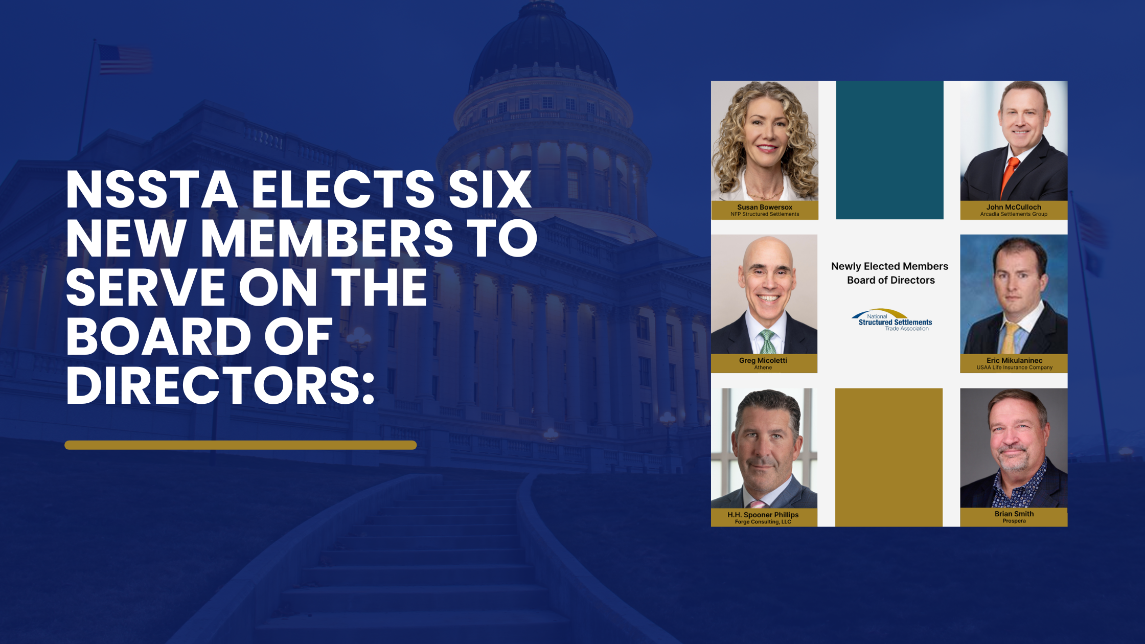 Announcement graphic with the headline "NSSTA Elects Six New Members to Serve on the Board of Directors" set against a dark blue background featuring a state capitol building. A composite of six professional headshots is displayed on the right with the heading "Newly Elected Members Board of Directors" and the NSSTA logo.