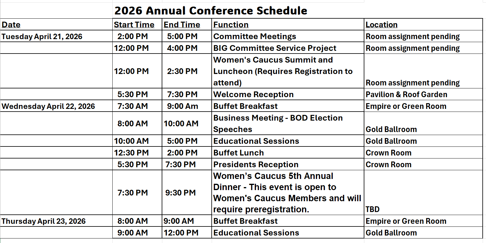 Updated Annual Conference Schedule